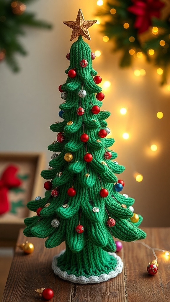 A knitted Christmas tree decoration with colorful beads and sequins on a wooden table.